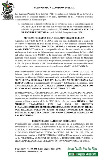 Comunicado del Movimiento Nacional Carcelario para denunciar la calidad deplorable de los alimentos suministrados - crédito @MNC_COL
/X