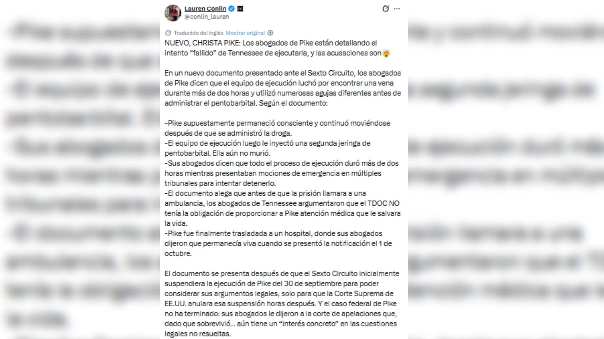 Una publicación en redes sociales detalla la apelación judicial presentada por la defensa de Christa Pike sobre un intento fallido de ejecución en Tennessee, Estados Unidos. (@conlin_lauren)