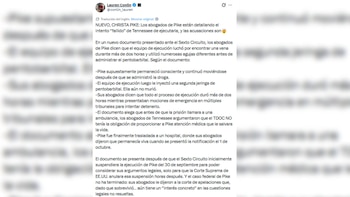 Captura de pantalla de una publicación en redes sociales con un texto traducido al español sobre el caso judicial de Christa Pike