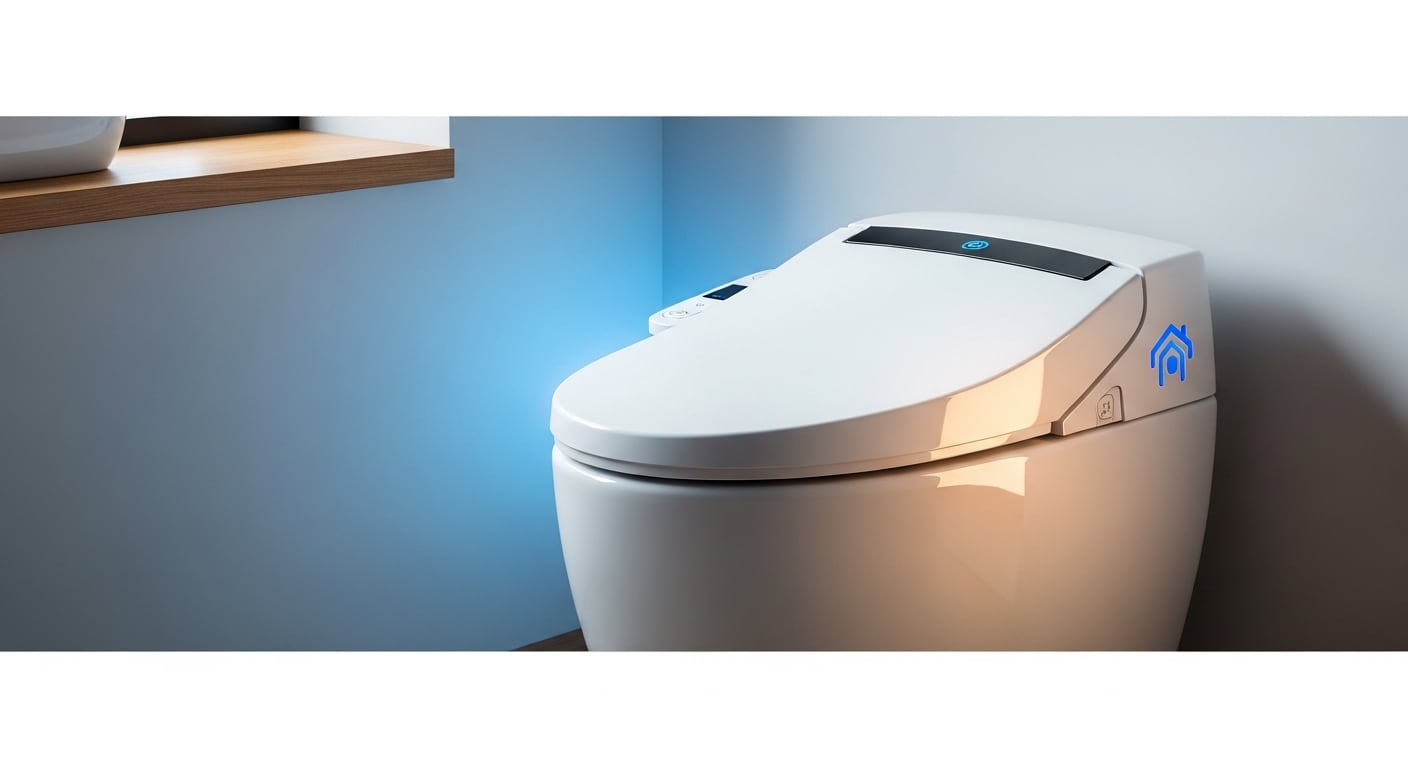 Un inodoro inteligente blanco brillante con botón digital y tapa automatizada, destacando en un baño moderno minimalista con paredes gris claro y detalles de madera natural, bajo una iluminación suave. (Imagen Ilustrativa Infobae)