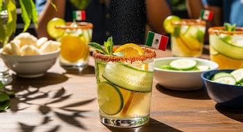 Primer plano de un vaso de agua mineral preparada con naranja, limón, pepino y bandera mexicana. Más vasos e ingredientes en la mesa de madera soleada.