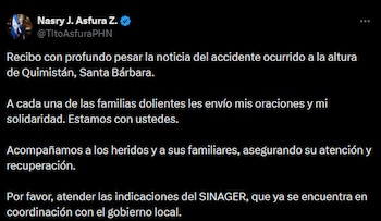 El presidente Nasry J. Asfura expresó condolencias a las familias afectadas y aseguró atención médica y acompañamiento a los heridos. (Publicación: Nasry asfura, Presidente de Honduras)