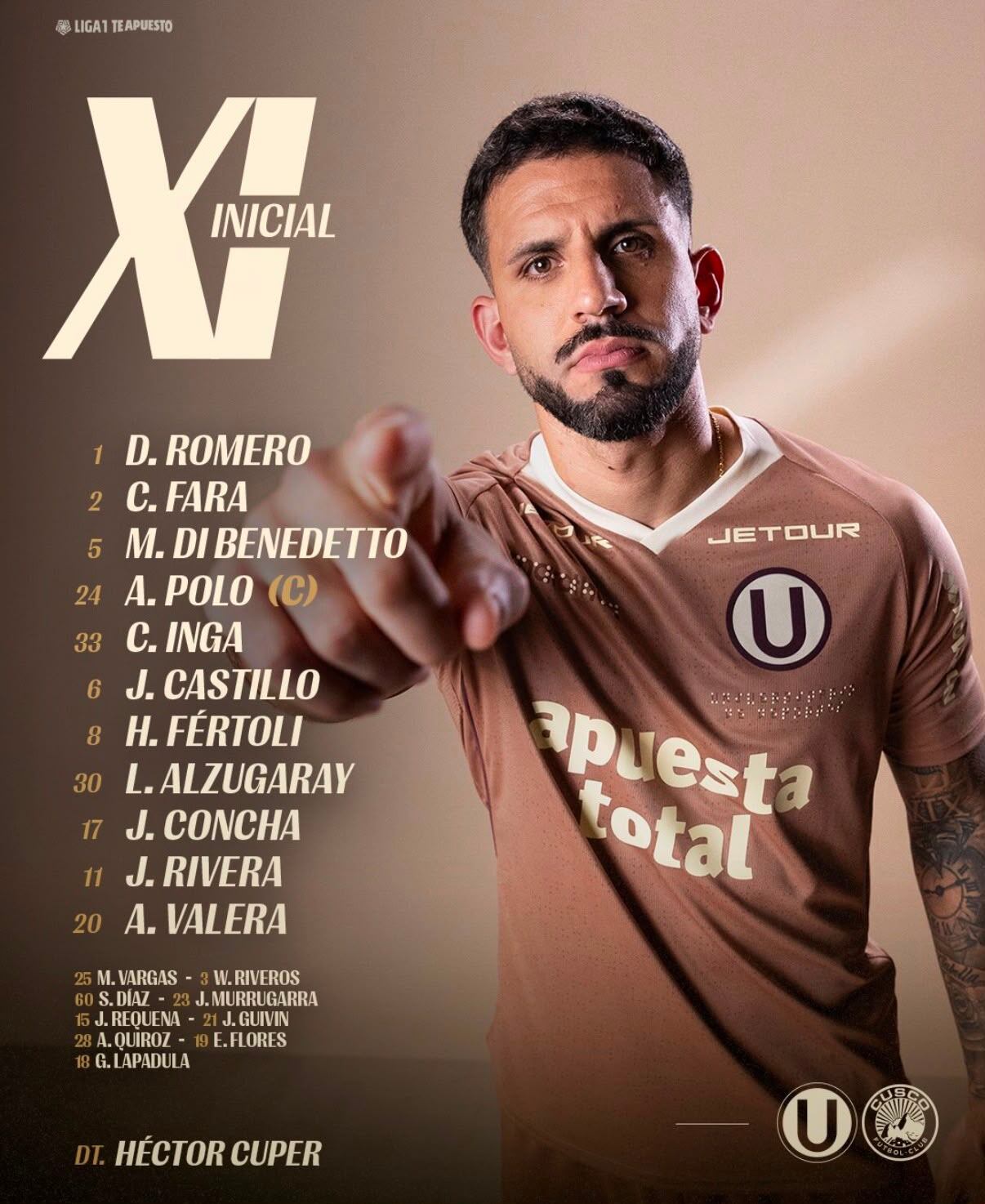 Alineación confirmada de Universitario para enfrentarse a Cusco FC.