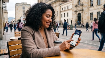 Mujer de apariencia latinoamericana sentada en una mesa al aire libre, mirando y sonriendo a la pantalla de su celular con una aplicación de banco fintech.