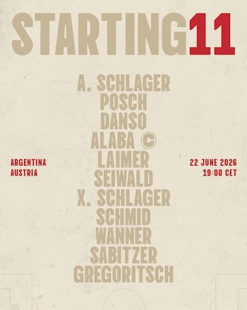 Imagen con texto grande que dice 'STARTING 11' y una lista de nombres de jugadores. Incluye los países Argentina y Austria, la fecha 22 June 2026 y la hora 19:00 CET