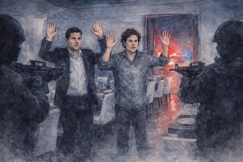 Ilustración de dos hombres con las manos en alto siendo apuntados por dos figuras armadas dentro de un restaurante. Se ven luces de patrulla al fondo.