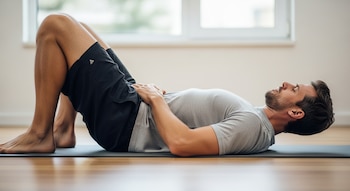Hombre joven tumbado boca arriba en una colchoneta de yoga gris, con las rodillas flexionadas y los pies planos. Sus manos descansan sobre el abdomen.