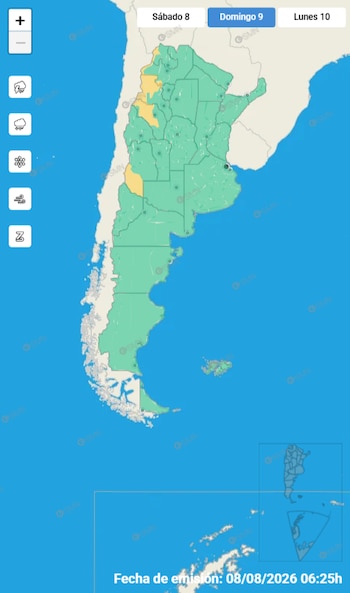 Mapa de Argentina con provincias en verde y amarillo. Iconos de lluvia, nieve, viento y tormenta. Días sábado 8, domingo 9, lunes 10. Fecha de emisión: 08/08/2026 06:25h