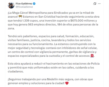 El centro tendrá capacidad para 1.339 personas privadas de la libertad y seis pabellones - crédito @FicoGutierrez / X
