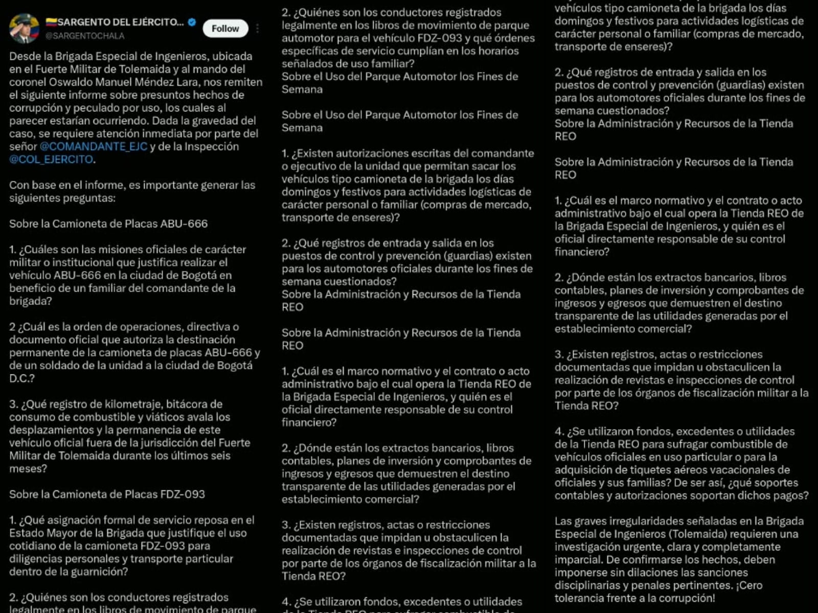 El sargento retirado Alexander Chalá Sáenz hizo pública una denuncia por presuntas irregularidades en la Brigada Especial de Ingenieros del Fuerte Militar de Tolemaida - crédito @SARGENTOCHALA / X