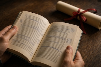 Manos que sostienen un libro abierto con texto subrayado en azul, con un diploma enrollado y atado con cinta roja sobre una mesa.