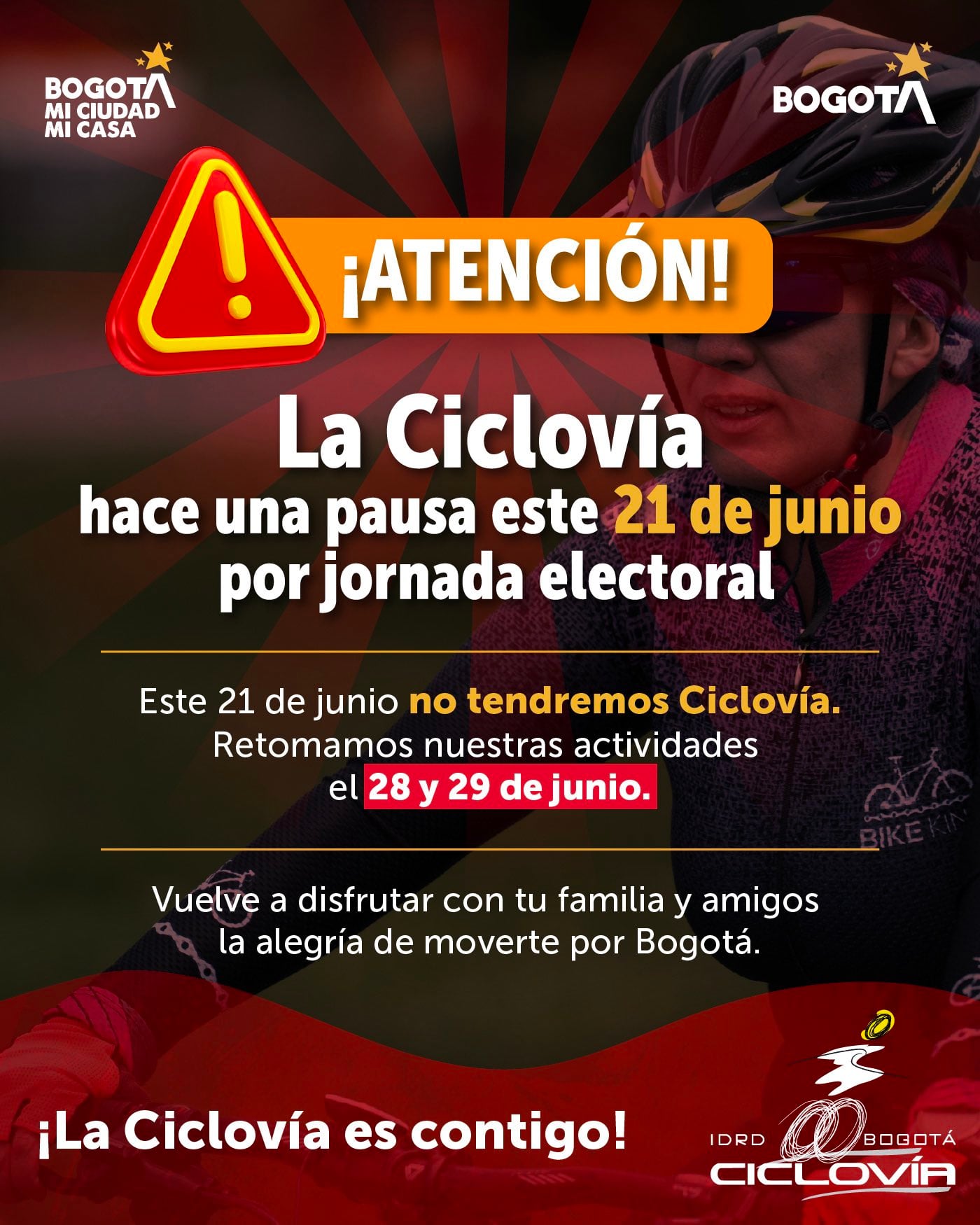 Suspensión de la Ciclovía en Bogotá por jornada electoral de segunda vuelta - crédito Alcaldía de Bogotá