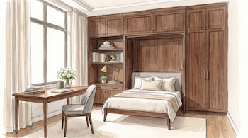 Ilustración de un dormitorio con cama, escritorio con silla frente a una ventana, estanterías y un armario de madera.