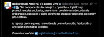 La auditoría de la Registraduría Nacional incluyó jurados de votación, biometría, preconteo, escrutinio, formularios E-14 y divulgación de resultados - crédito @Registraduria/X