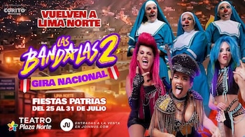 Seis mujeres posan en un escenario: tres vestidas de monjas con nariz de payaso y tres vestidas de rockeras. Al fondo, un paisaje urbano nocturno con el texto "Las Bandalas 2" y detalles del evento