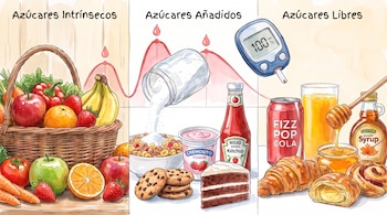 Infografía de azúcares intrínsecos, añadidos y libres con ejemplos de alimentos, bebidas, un glucómetro y un gráfico que indica niveles de glucosa.