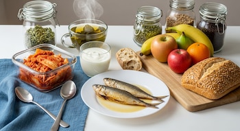 Kimchi, yogur, pescado, pan integral, té verde humeante, manzanas, plátanos, naranja, pera, y semillas en frascos sobre una mesa blanca.