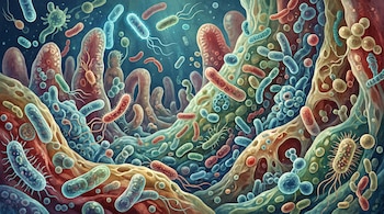Ilustración de bacterias de diversas formas (redondas, ovaladas, alargadas), algunas con flagelos, y otros microorganismos entre estructuras irregulares.