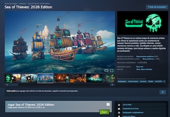 Captura de pantalla de la tienda Steam con la ficha de Sea of Thieves, imágenes de barcos piratas, textos de presentación y un botón verde