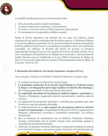 El gobierno awajún señala que