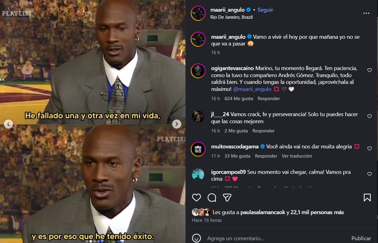 Marino Hinestroza mandó polémico mensaje en redes sociales sobre su mal momento en Vasco da Gama - crédito @maarii_angulo/Instagram