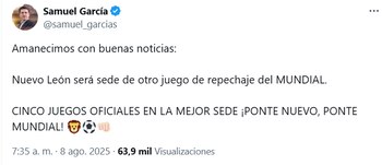 Samuel García confirmó partido de repechaje en Monterrey. (Captura de pantalla, X/Samuel García)