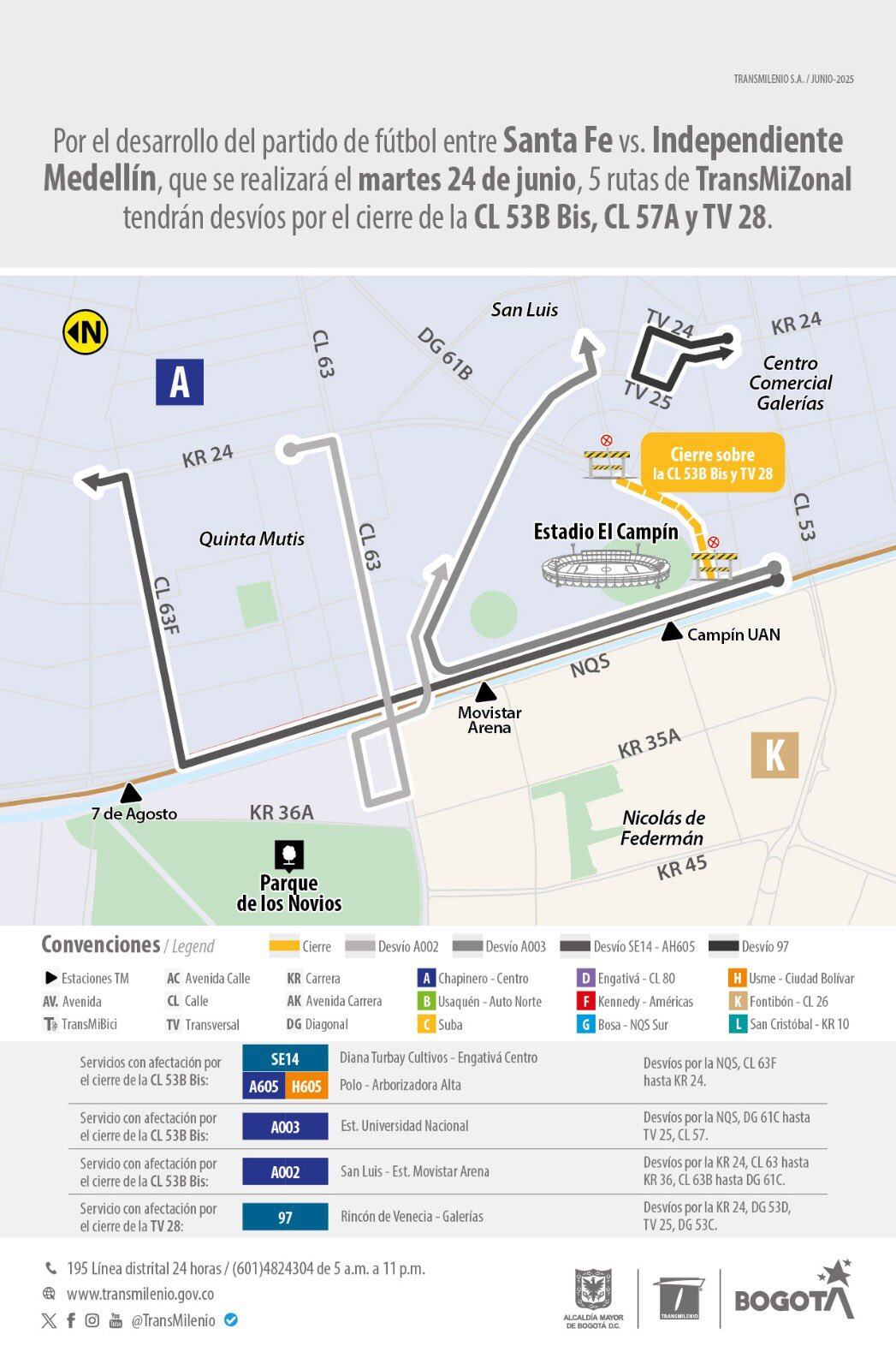 Estos serán los cierres viales en Bogotá por el duelo entre Santa Fe y Medellín - crédito @TransMilenio/X
