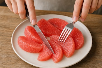 Dos manos sostienen un cuchillo y un tenedor sobre gajos de pomelo rosado dispuestos en un plato redondo sobre madera.