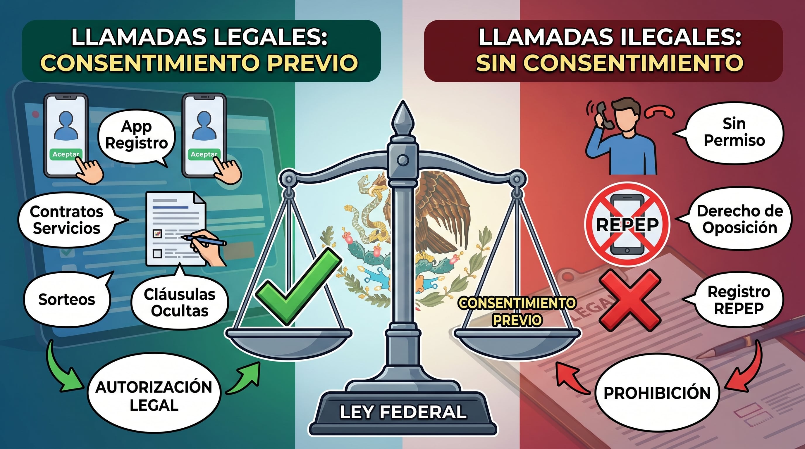 Este gráfico ilustra cómo la ley mexicana diferencia las llamadas publicitarias legales de las ilegales, enfatizando la importancia del consentimiento previo y el registro en el REPEP para proteger al consumidor