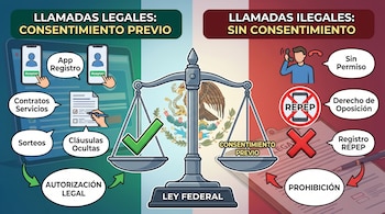 Infografía comparando llamadas de telemarketing legales e ilegales en México, con una balanza que representa la Ley Federal y símbolos de consentimiento, registro y prohibición.