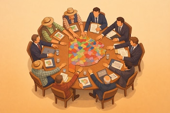 Diez personas sentadas en una mesa redonda con un mapa de Buenos Aires en el centro. Hay papeles, computadoras portátiles y vasos de agua.