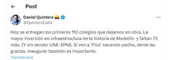 Daniel Quintero habló de entrega de colegios en Medellín - crédito @QuinteroCalle
