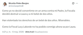 Nicolás Petro acusó públicamente a la fiscal Lucy Marcela Laborde de emprender acciones judiciales contra su entorno familiar - crédito @nicolaspetroB/X
