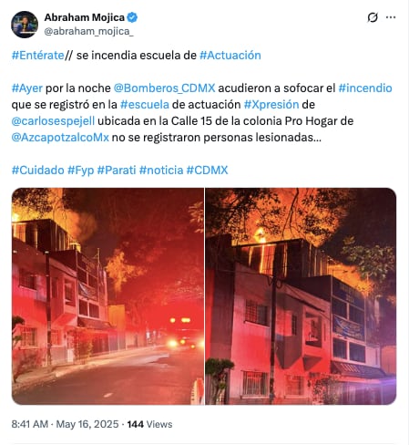 Reportaron en redes sociales el incendio de la escuela fundada por Carlos Espejel. (Captura: X)