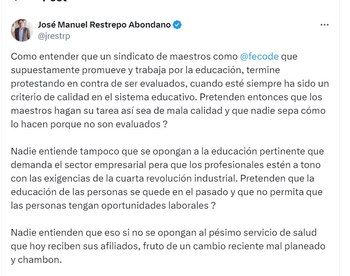 José Manuel Restrepo cuestionó los motivos de Fecode para realizar un paro - crédito @jrestrp