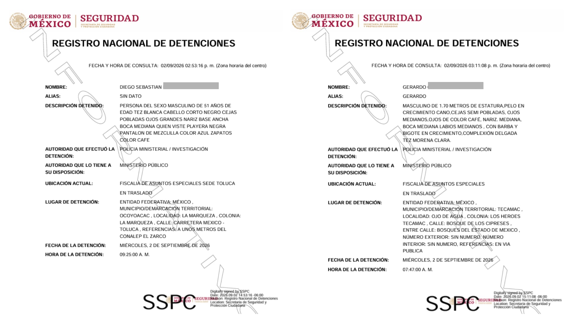 Fichas tras la detención de los dos sospechosos por el multihomicidio. Crédito: RND
