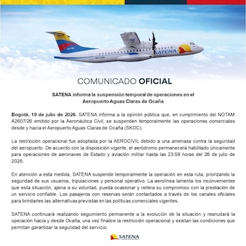 En un comunicado oficial, la aerolínea informó que contactará a los pasajeros afectados para ofrecer alternativas de reprogramación o reembolso. - crédito Satena