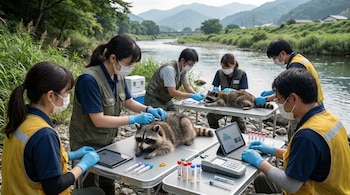 Equipo de científicos con mascarillas y guantes examina mapaches en mesas plegables junto a un río en un paisaje japonés montañoso, con equipos de laboratorio.