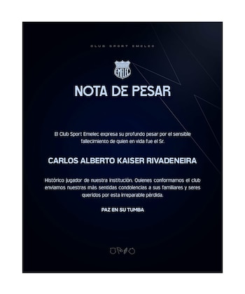 Nota de pesar del Club Sport Emelec en fondo azul oscuro con el logo del club, lamentando el fallecimiento de Carlos Alberto Kaiser Ribadeneira
