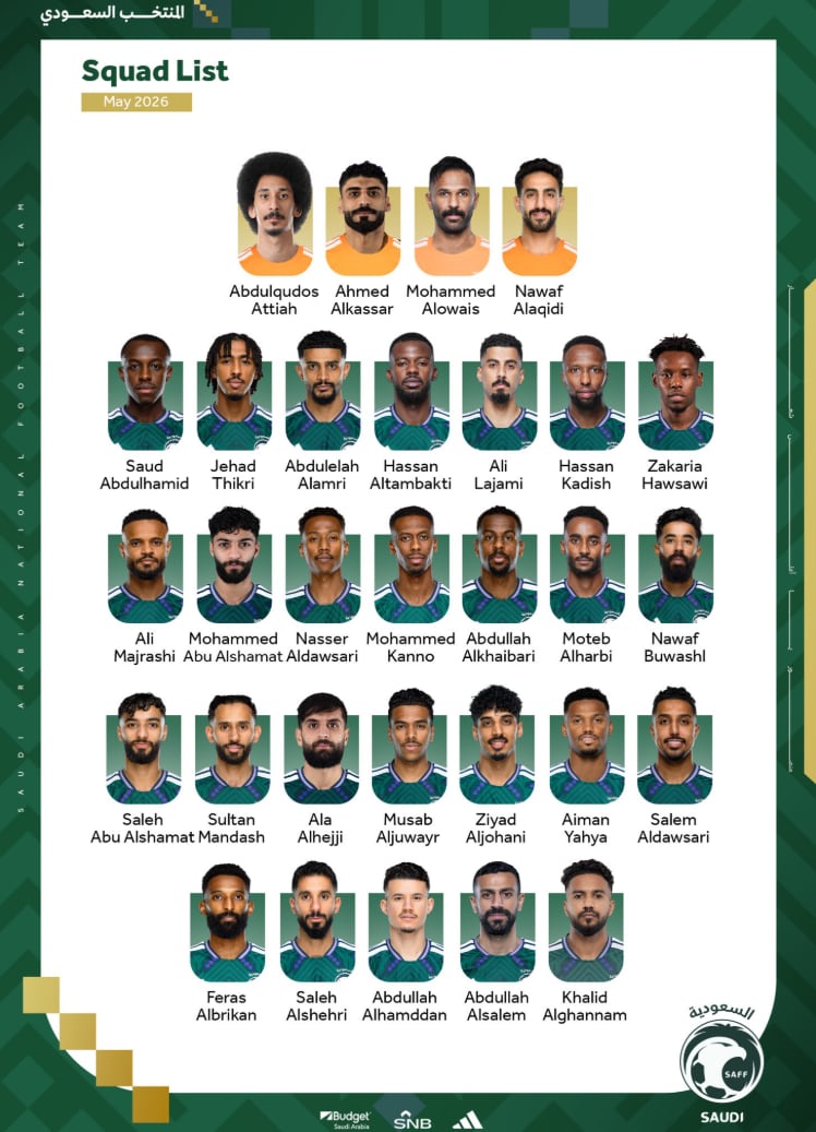 Arabia Saudita oficializó una prelista con 30 futbolistas. Cuatro se quedarán afuera en el corte final (Crédito: @SaudiNT_EN/X)