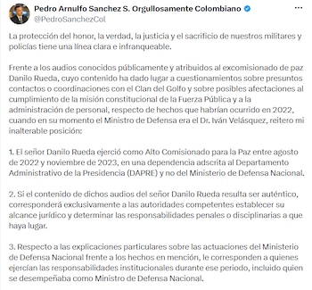 En la primera parte de su pronunciamiento, Sánchez pidió que las autoridades investiguen la autenticidad de los audios y precisó que los hechos corresponden a 2022. - crédito @PedroSanchezCol/X