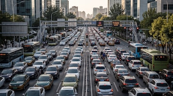 Avenida urbana con varios carriles muestra tráfico denso de autos, autobuses y motocicletas detenidas, semáforos, señales con caracteres chinos y edificios altos