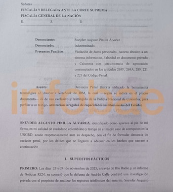 Misiva enviada por Sneyder Pinilla a la fiscal Novena Delegada ante la Corte Suprema