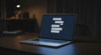 Computadora portátil moderna en un escritorio oscuro. Su pantalla muestra una interfaz conversacional con texto desenfocado. Ambiente nocturno con iluminación sutil.