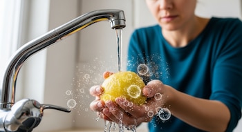 Primer plano de unas manos sosteniendo un limón bajo un grifo de agua, con pequeñas burbujas que simulan partículas rodeando la fruta. Una persona está borrosa al fondo.