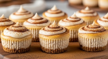 Primer plano de varios mini cheesecakes de rol de canela con glaseado blanco y canela en polvo sobre una superficie de madera.