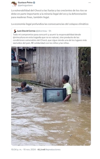 Petro señaló que el cambio climático era el responsable de las inundaciones en el Chocó. (Crédito: @petrogustavo / X)