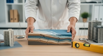 Manos de científico en bata blanca sostienen maqueta de suelo costero agrietado. Se ven balanzas, modelos de edificios y nivel de burbuja en mesa.