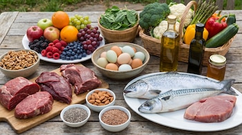 Mesa de madera con carne cruda, pescado, huevos, frutas variadas, verduras frescas, frutos secos, semillas, dos botellas de aceite y un frasco de miel.