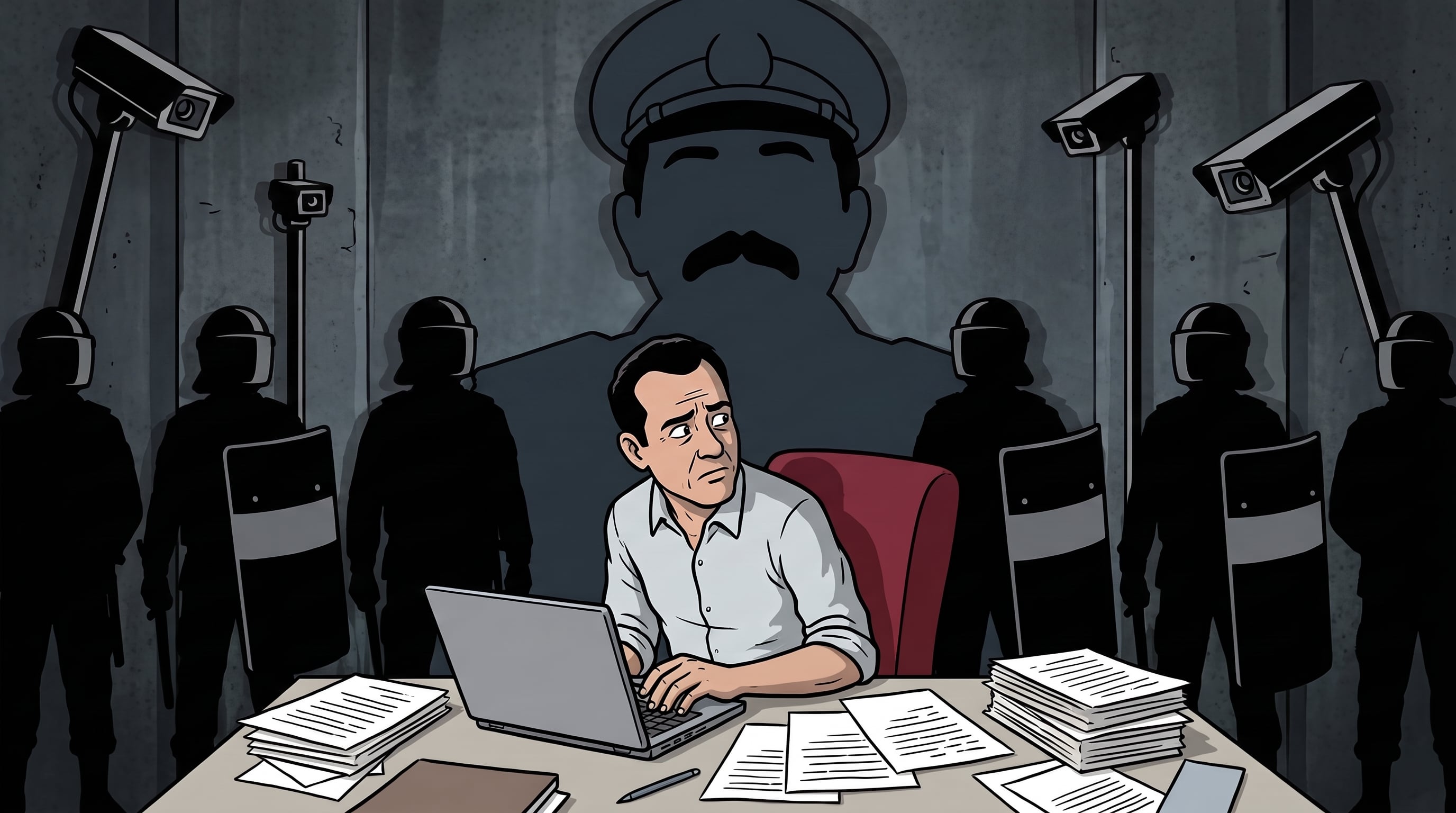 Un hombre trabaja en su computadora bajo la sombra de Daniel Ortega, vigilado por cámaras de seguridad y siluetas de agentes policiales. (Imagen Ilustrativa Infobae)